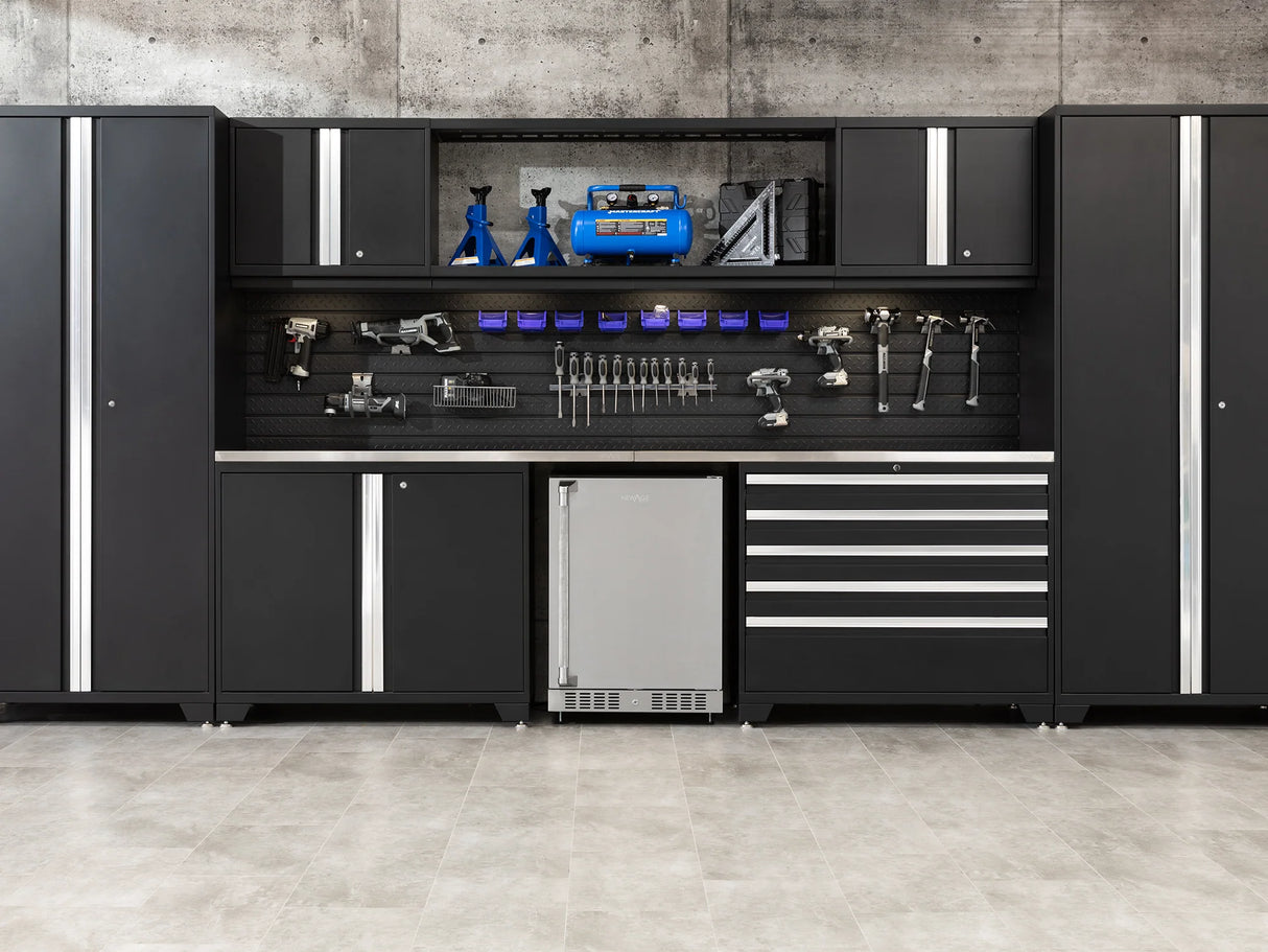 Pro Series 9 Piece Cabinet Set with Wall, Tool Drawer Cabinet, Lockers, and Stainless Steel Door Fridge