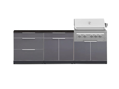 Outdoor Kitchen Aluminum 5 Piece Cabinet Set with 3 Drawer, Bar, Grill Cabinet, Platinum Grill and Countertop