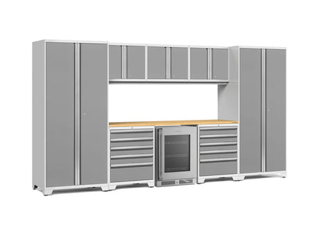 Pro Series 9 Piece Cabinet Set with Wall, Tool Drawer Cabinet, Lockers, and Glass Door Fridge