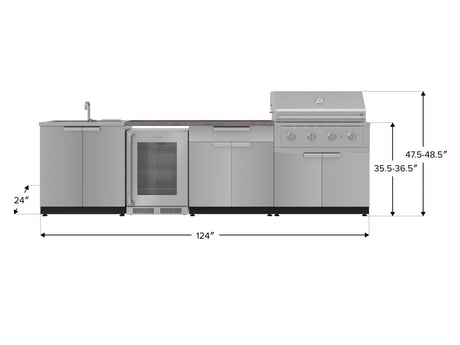 Outdoor Kitchen Stainless Steel 6 Piece Cabinet Set with Sink, Bar, Grill Cabinet, Performance Grill, Countertop and Glass Door Fridge