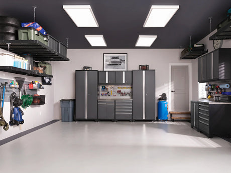 Pro Series 9 Piece Cabinet Set with Wall, Base, Tool Drawer, Multi-Function Cabinet, Lockers, and 84 In. Worktop