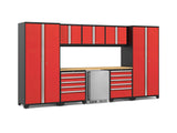 Pro Series 9 Piece Cabinet Set with Wall, Tool Drawer Cabinet, Lockers, and Stainless Steel Door Fridge