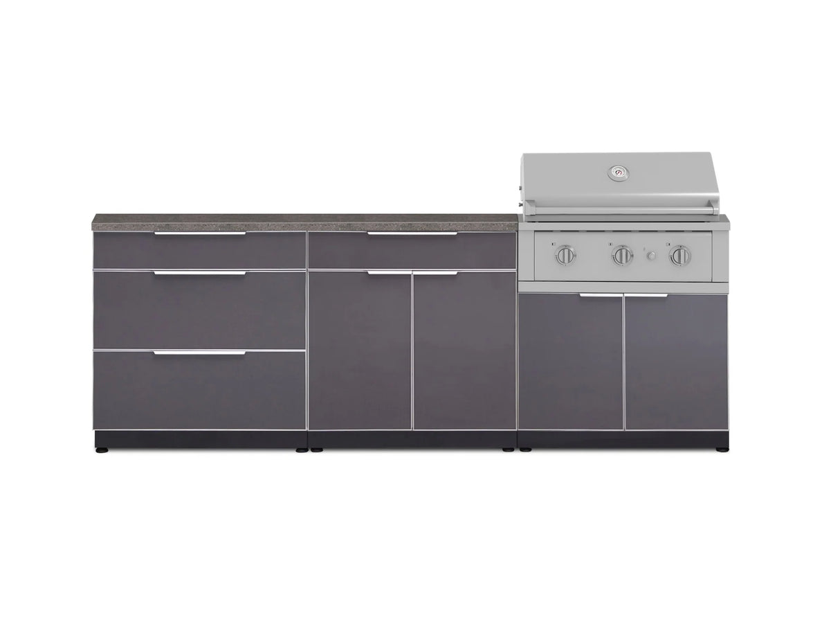 Outdoor Kitchen Aluminum 5 Piece Cabinet Set with 3 Drawer, Bar, Grill Cabinet, Performance Grill and Countertop