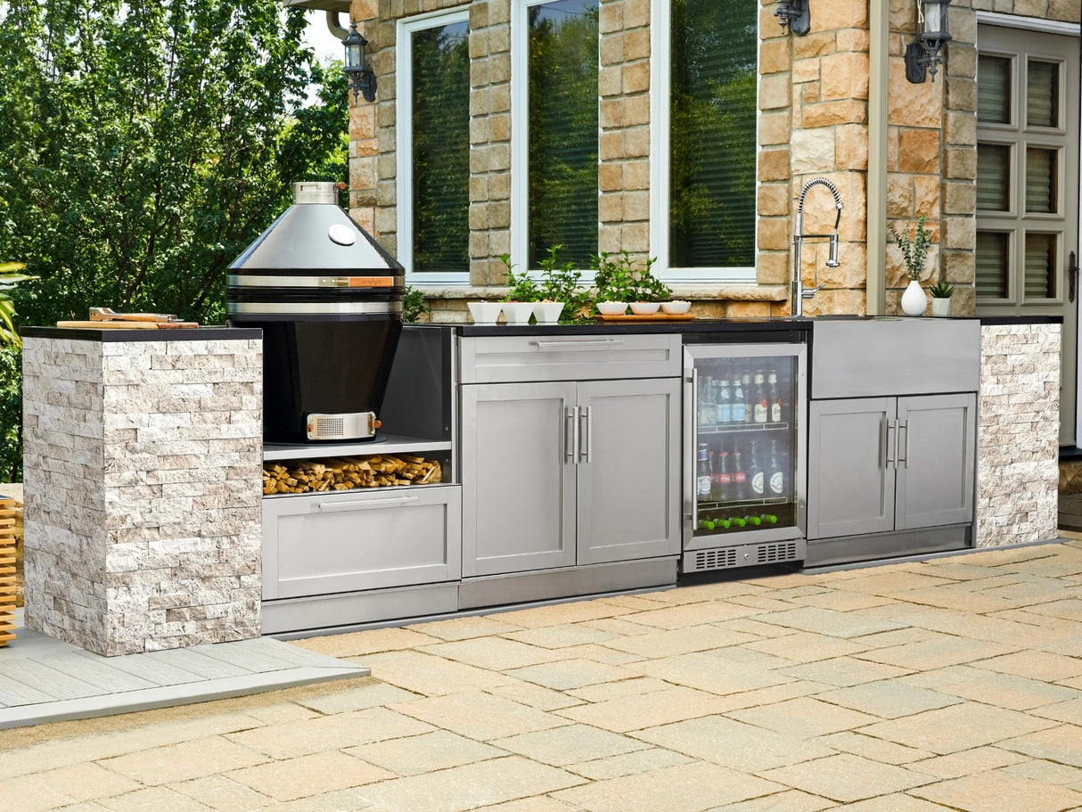 Outdoor Kitchen Signature Series 11 Piece L Shaped Cabinet Set with 3 Drawer, Bar, Dual Side Burner, Grill and Grill Cabinet