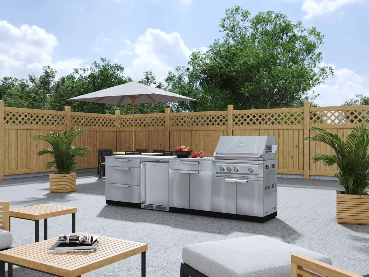 Outdoor Kitchen Stainless Steel 7 Piece Cabinet Set with 3-Drawer, Bar, Grill Cabinet, Platinum Grill, Countertop, and Stainless Steel Door Fridge