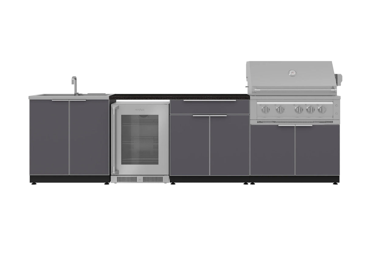 Outdoor Kitchen Aluminum 6 Piece Cabinet Set with Sink, Bar, Grill Cabinet, Platinum Grill, Countertop and Glass Door Fridge