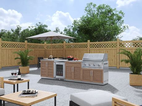 Outdoor Kitchen Stainless Steel 6 Piece Cabinet Set with Sink, Bar, Grill Cabinet, Performance Grill, Countertop and Glass Door Fridge