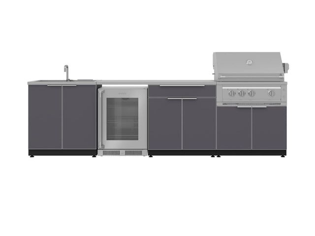 Outdoor Kitchen Aluminum 6 Piece Cabinet Set with Sink, Bar, Grill Cabinet, Platinum Grill, Countertop and Glass Door Fridge