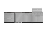 Outdoor Kitchen Stainless Steel 7 Piece Cabinet Set with 3-Drawer, Bar, Grill Cabinet, Performance Grill, Countertop, and Stainless Steel Door Fridge