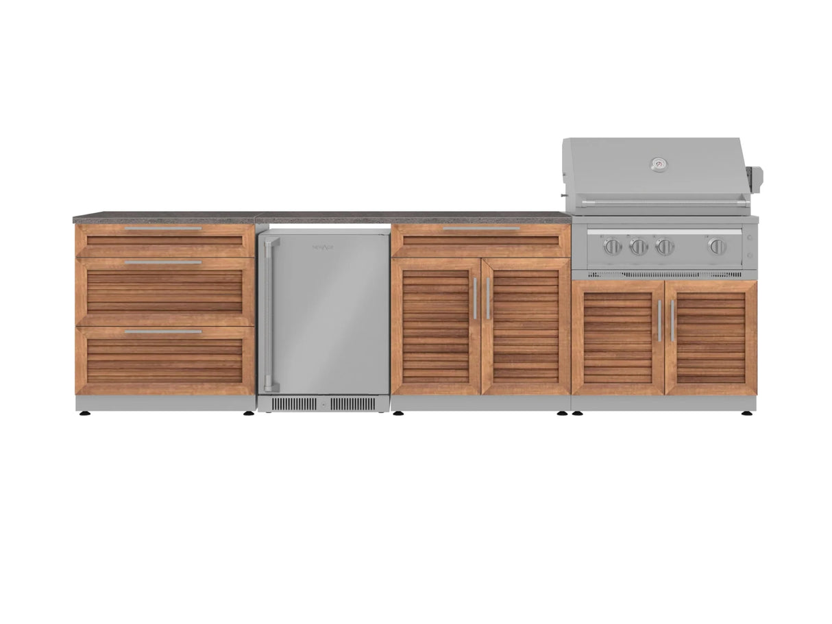 Outdoor Kitchen Stainless Steel 7 Piece Cabinet Set with 3-Drawer, Bar, Grill Cabinet, Platinum Grill, Countertop, and Stainless Steel Door Fridge