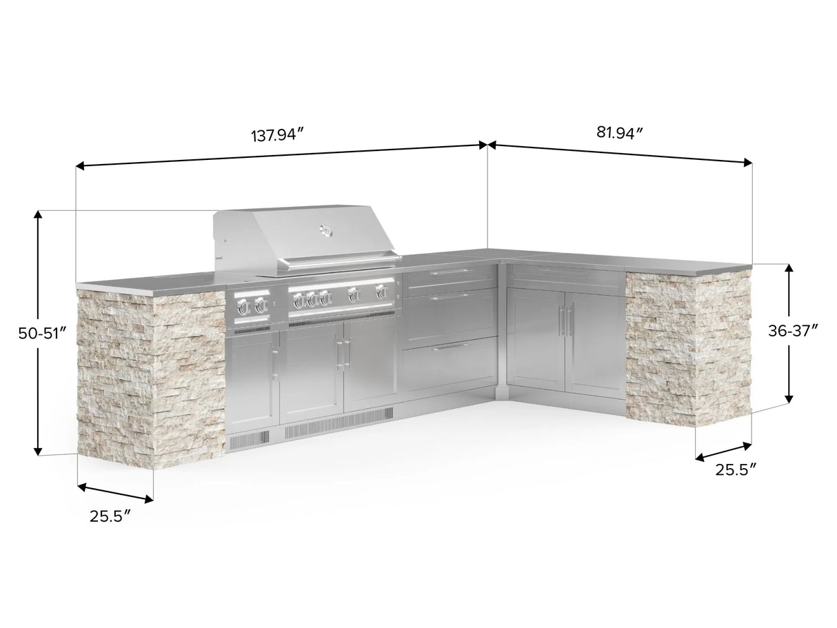 Outdoor Kitchen Signature Series 11 Piece L Shaped Cabinet Set with 3 Drawer, Bar, Dual Side Burner, Grill and Grill Cabinet