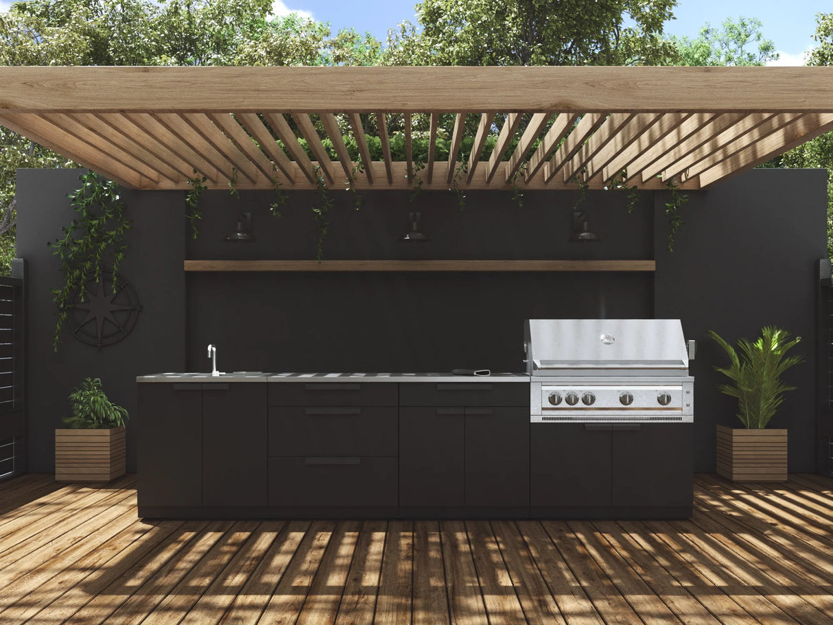 Outdoor Kitchen Stainless Steel 6 Piece Cabinet Set with Sink, Bar, Grill Cabinet, Performance Grill, Countertop and Stainless Steel Door Fridge