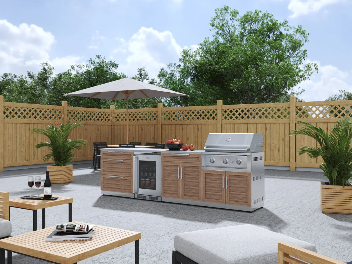 Outdoor Kitchen Stainless Steel 7 Piece Cabinet Set with 3-Drawer, Bar, Grill Cabinet, Performance Grill, Countertops, and Glass Door Fridge