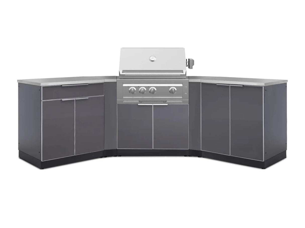 Outdoor Kitchen Aluminum 7 Piece Cabinet Set with 2 Door, Bar, Corner, Grill Cabinet, Platinum Grill, and Countertops