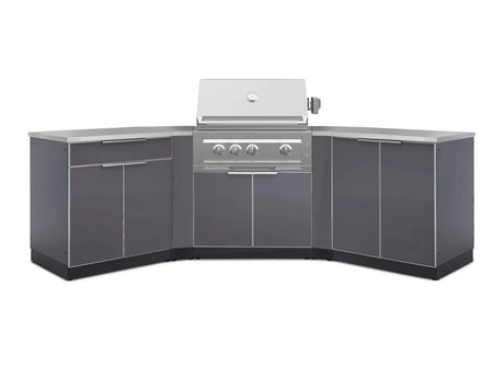 Outdoor Kitchen Aluminum 7 Piece Cabinet Set with 2 Door, Bar, Corner, Grill Cabinet, Platinum Grill, and Countertops