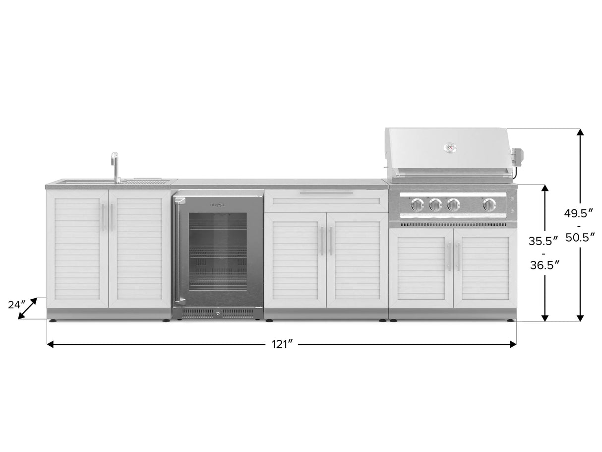 Outdoor Kitchen Stainless Steel 6 Piece Cabinet Set with Sink, Bar, Grill Cabinet, Platinum Grill, Countertop and Glass Door Fridge