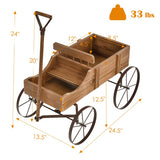 Wooden Wagon Plant Bed With Wheel for Garden Yard-Brown