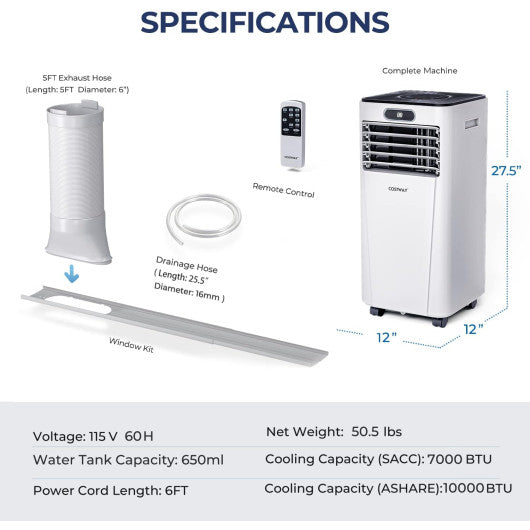 10000 BTU 4-in-1 Portable Air Conditioner with Dehumidifier and Fan Mode-White
