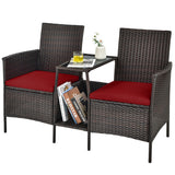 Patio Rattan Wicker Conversation Set Sofa Cushioned Loveseat Glass Table-Red