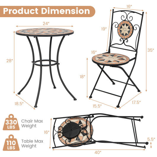 3 Pieces Patio Bistro Set with 1 Round Mosaic Table and 2 Folding Chairs