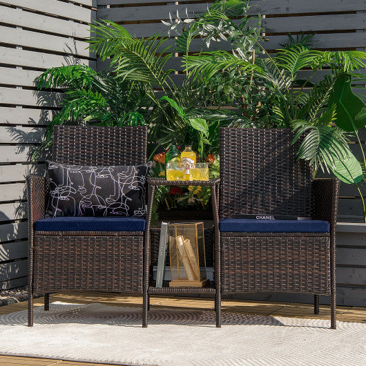 Patio Rattan Wicker Conversation Set Sofa Cushioned Loveseat Glass Table-Navy