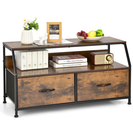 Dresser TV Stand with 2 Folding Fabric Drawers and Open Shelves-Rustic Brown