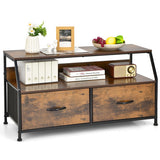 Dresser TV Stand with 2 Folding Fabric Drawers and Open Shelves-Rustic Brown