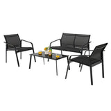 4 Pieces Patio Furniture Set with Armrest Loveseat Sofas and Glass Table Deck-Black