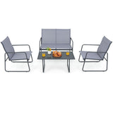 4 Pieces of Metal Patio Furniture Chat Set with Tempered Glass Coffee Table