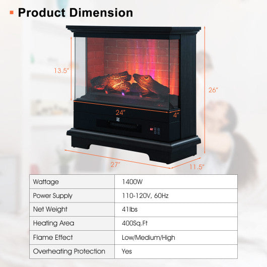 27 Inch Freestanding Electric Fireplace with 3-Level Vivid Flame Thermostat-Black