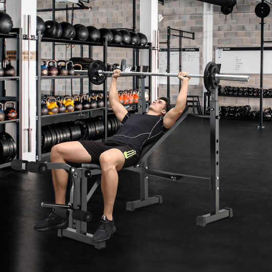 Adjustable Weight Bench and Barbell Rack Set with Weight Plate Post