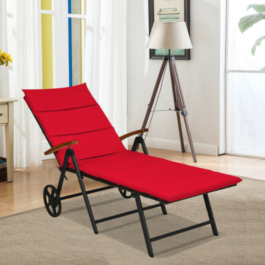 Folding Patio Rattan Lounge Chair with Wheels-Red