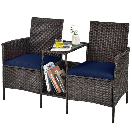 Patio Rattan Wicker Conversation Set Sofa Cushioned Loveseat Glass Table-Navy