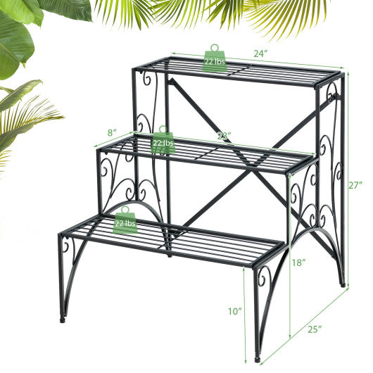 3-Tier Metal Plant Stand with Widened Grid Shelf for Porch Garden-Black