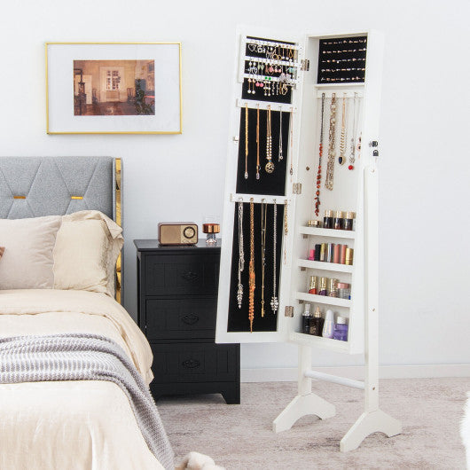 Free-Standing Jewelry Cabinet with Full-Length Mirror and Lockable Door-White