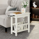 2-Tier End Table with Pull-out Tray and Solid Rubber Wood Legs-White
