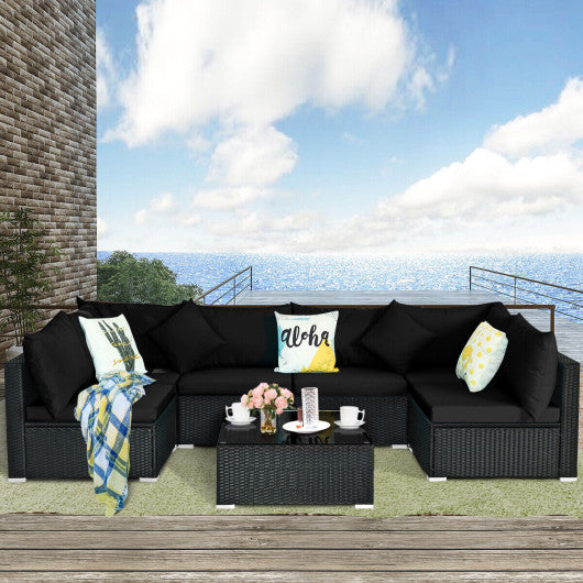 7 Pieces Sectional Wicker Furniture Sofa Set with Tempered Glass Top-Black & White