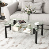 2-Tier Rectangular Glass Coffee Table with Metal Tube Legs-Black