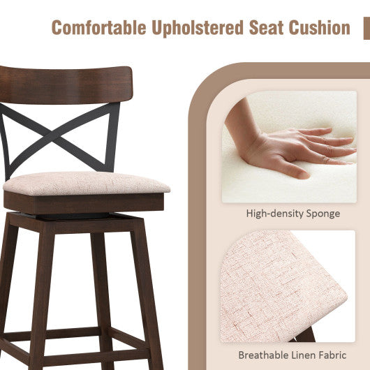 Set of 2 Wooden Swivel Bar Stools with Cushioned Seat and Open X Back-30 inches