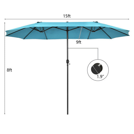 15 Feet Patio Double-Sided Umbrella with Hand-Crank System-Turquoise