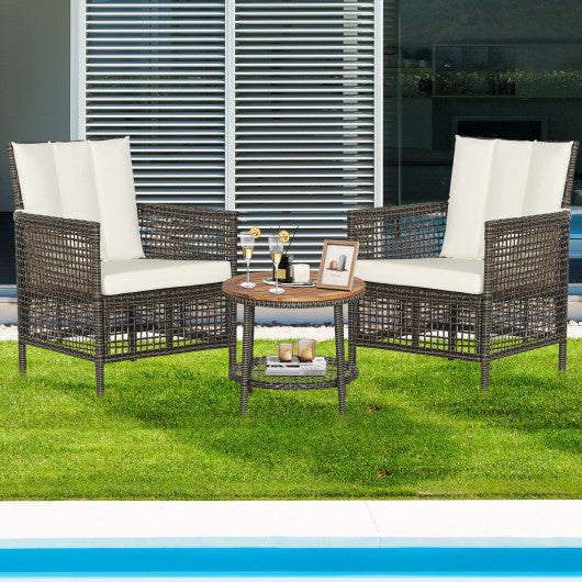 3 Pieces Patio Rattan Furniture Set with Cushioned Sofas and Wood Table Top-White