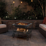 Outdoor Wood Burning Fire Pit with Log Storage Rack and Wheels