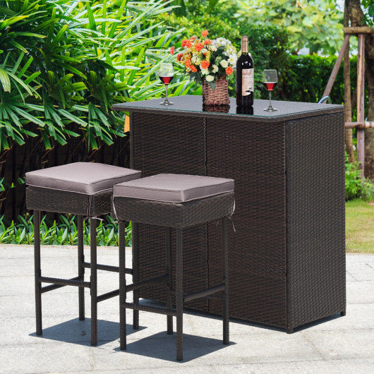 3 Pieces Patio Rattan Wicker Bar Table Stools Dining Set-Gray & Off White