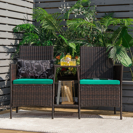 Patio Rattan Wicker Conversation Set Sofa Cushioned Loveseat Glass Table-Turquoise