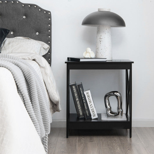 2-Tier Side Table with X-shape Design and 4 Solid Legs-Black