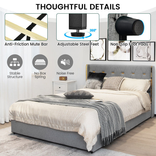 Full/Queen Size Upholstered Bed Frame with 4 Drawers-Silver-Full Size