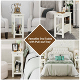 2-Tier End Table with Pull-out Tray and Solid Rubber Wood Legs-White