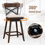 Set of 2 Wooden Swivel Bar Stools with Cushioned Seat and Open X Back-25 Inch