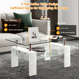 Rectangular Tempered Glass Coffee Table End Side Table with Shelf-White