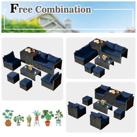 8 Pieces Patio Rattan Storage Table Furniture Set-Navy